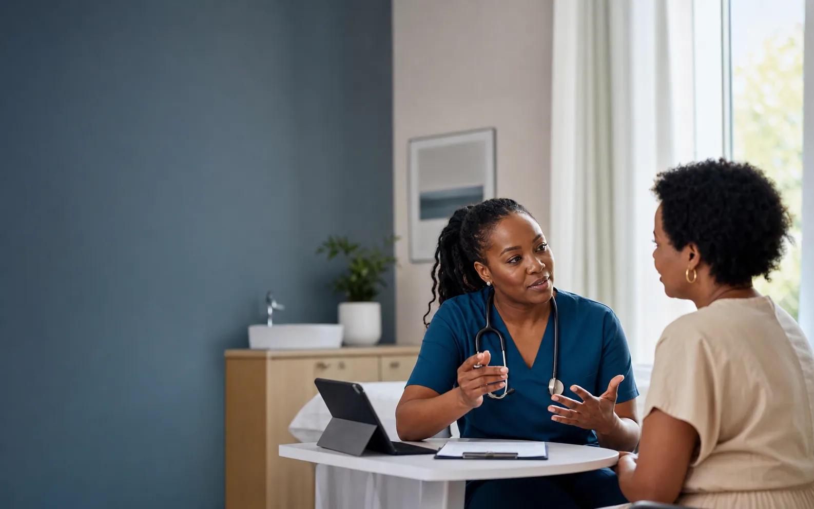 A doctor listening to a patient in a calm consultation room